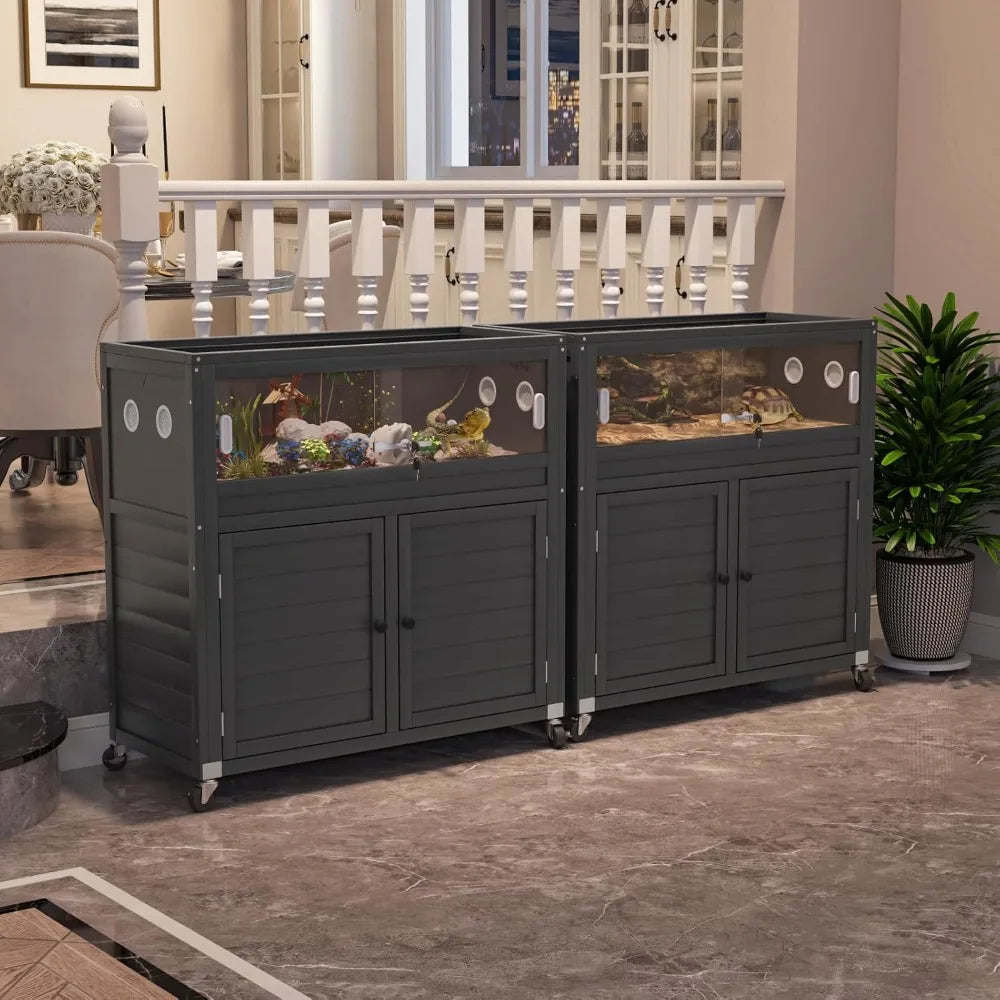 Reptile Terrarium with Stand, 30 Gallon Reptile Tank with Adjustable Storage Cabinet, Wheels & Metal Mesh Roof Door, Reptile