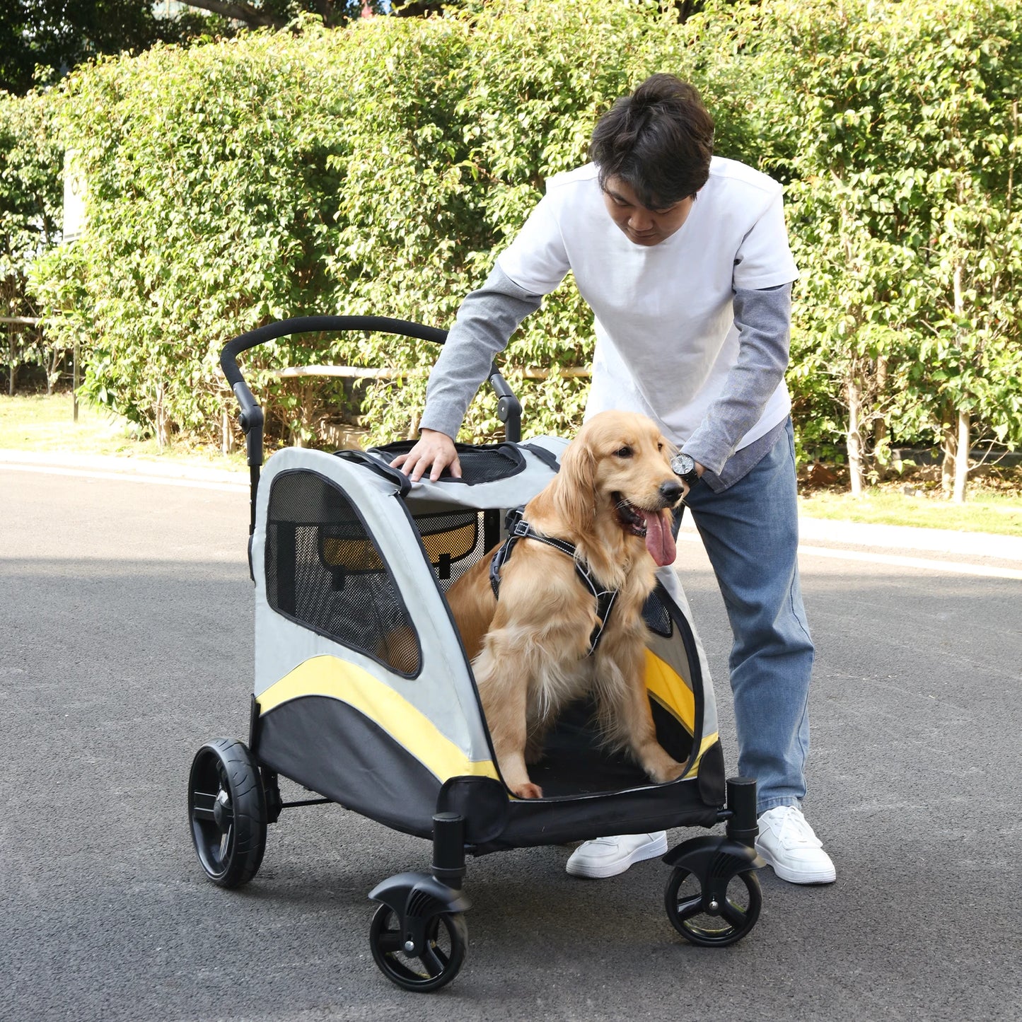 Foldable Four Wheel Dog Stroller For Two Dogs Up To 121 Lbs