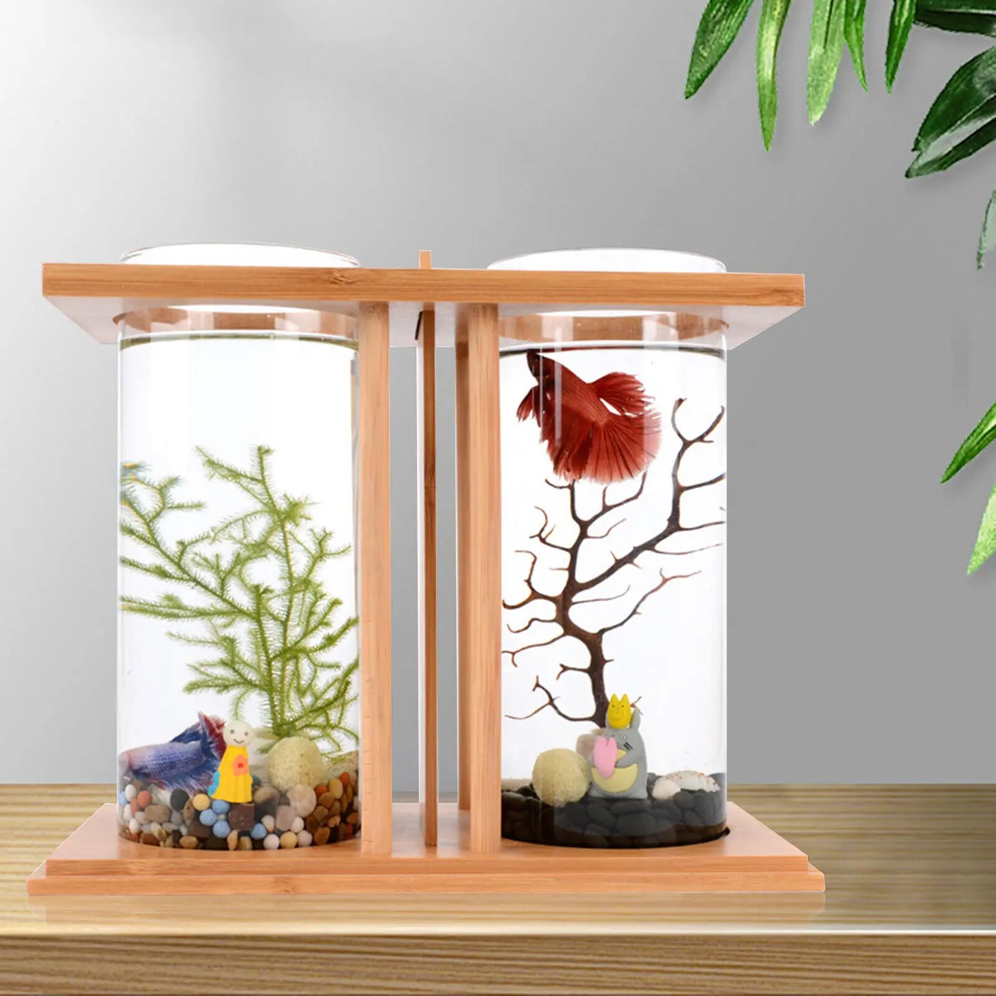 Mini Glass Betta Fish Tank with Bamboo Base for Stylish Desktop Decor