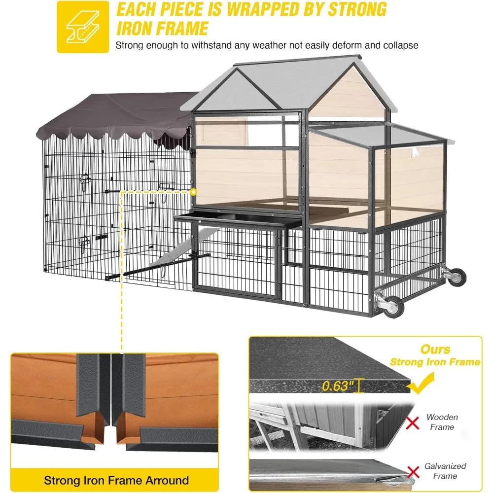 Chicken Coop 85" Super Large Mobile Chicken House with Strong Iron Frame Outdoor Poultry Cage with Nesting Box, Duck Coop,Water