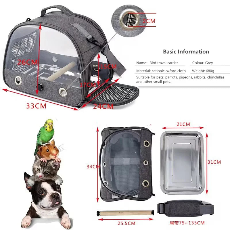 Portable Bird Travel Carrier With Stainless Steel Tray For Small Pets