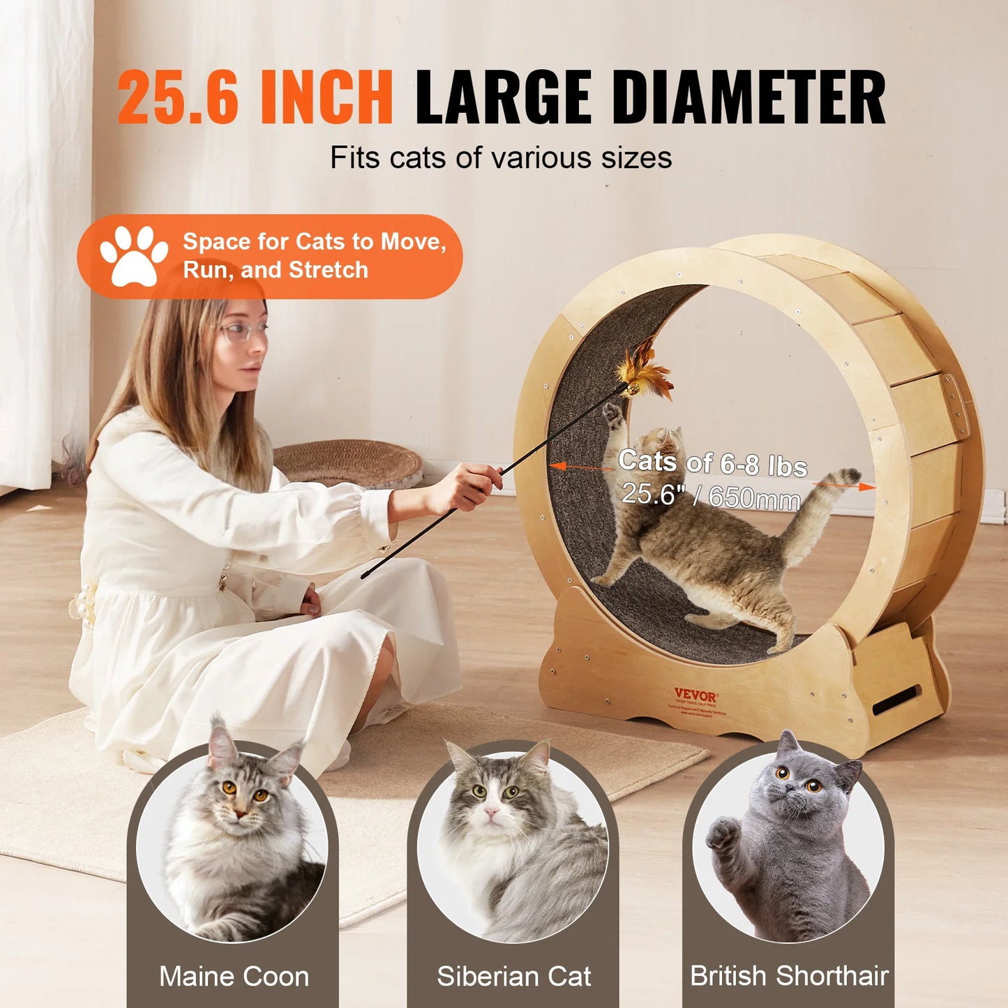 VEVOR Cat Exercise Wheel Natural Wood Treadmill with Detachable Carpet