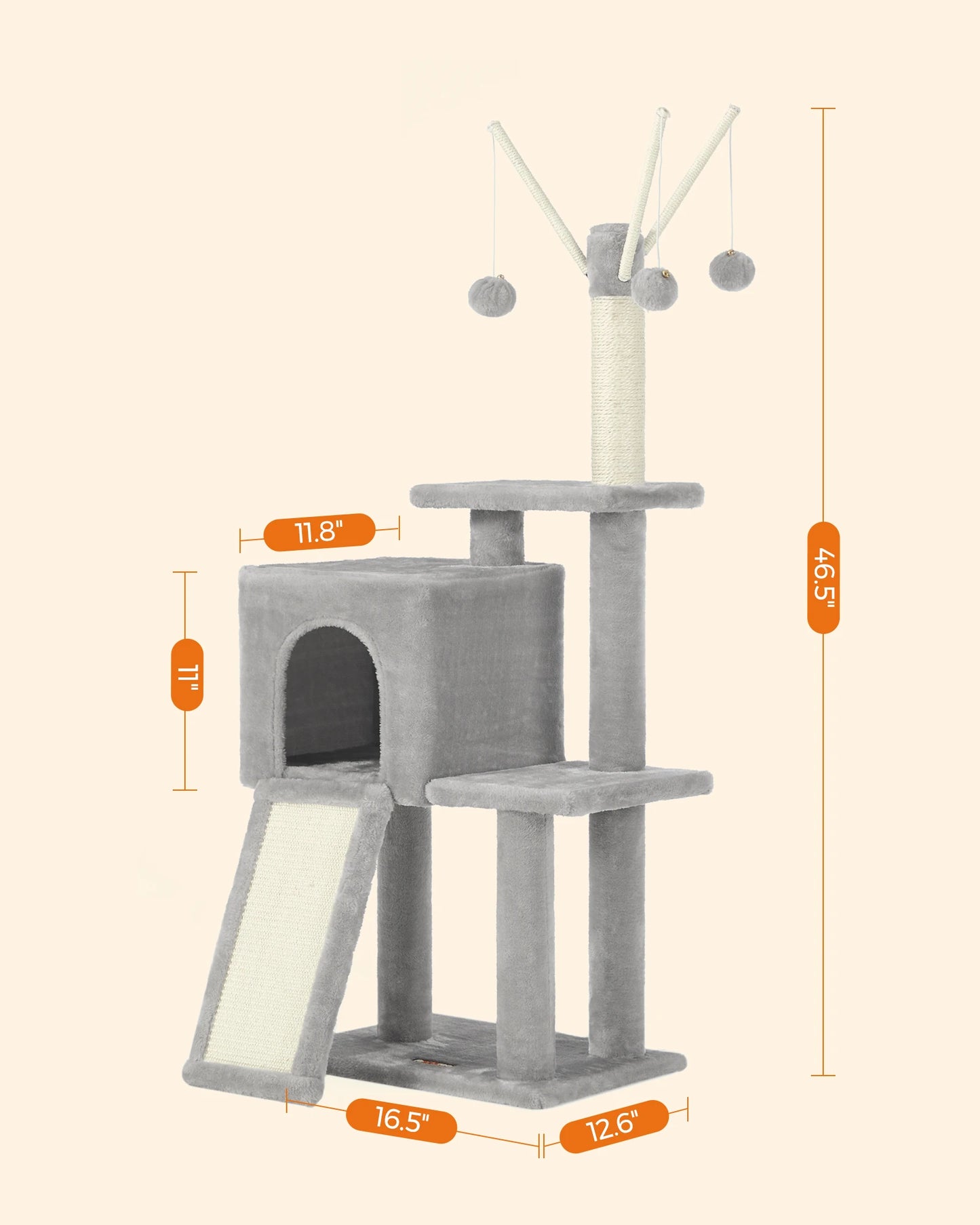 Feandrea 46.5 Inch Cat Tree Multi Level Plush Condo with Scratching Post and Ramp