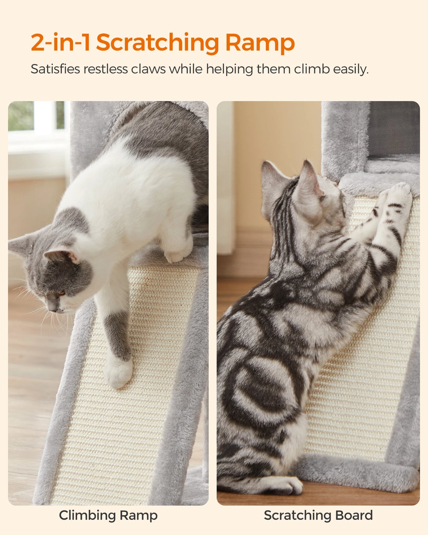 Feandrea 46.5 Inch Cat Tree Multi Level Plush Condo with Scratching Post and Ramp