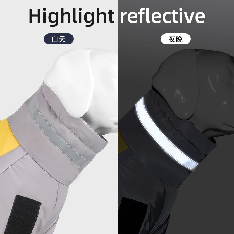 Warm Reflective Puffer Dog Coat For Large Dogs With Built In Harness Vest