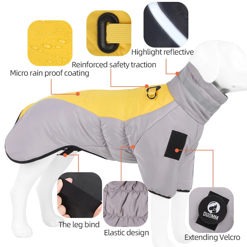 Warm Reflective Puffer Dog Coat For Large Dogs With Built In Harness Vest