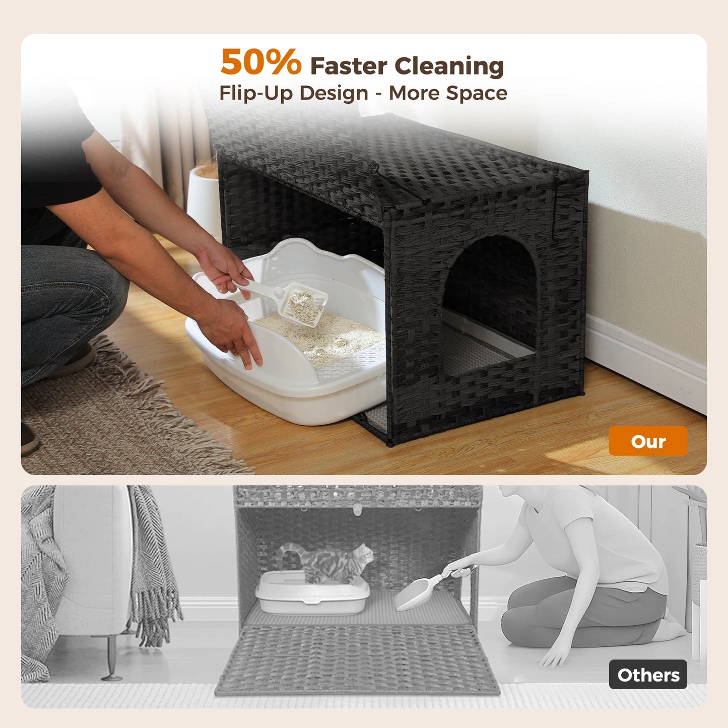 Rattan Cat Litter Box Enclosure With Taller Doorway And Flip Up Design