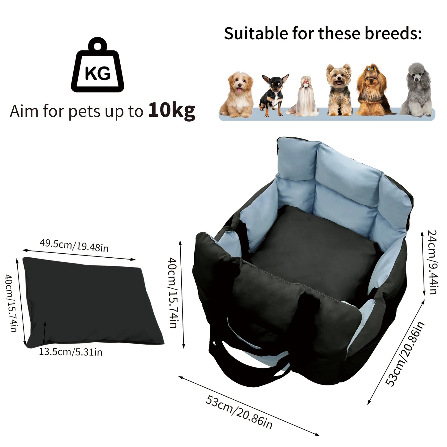 Dog Car Seat Travel Bed Carrier For Small Dogs Up To 10 Kg With Clip On Leash