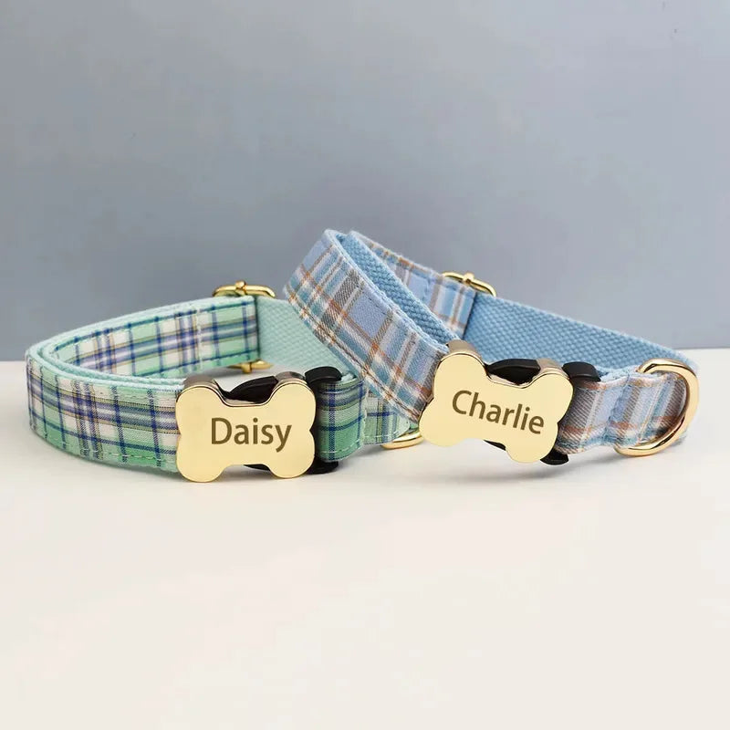 Custom Logo Plaid Dog Collar Personalized Cotton Padded Comfort