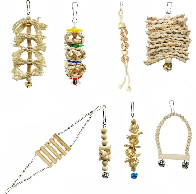 Wooden Bird Swing Chew Toy With Bell Perch For Small Parakeets Cockatiels