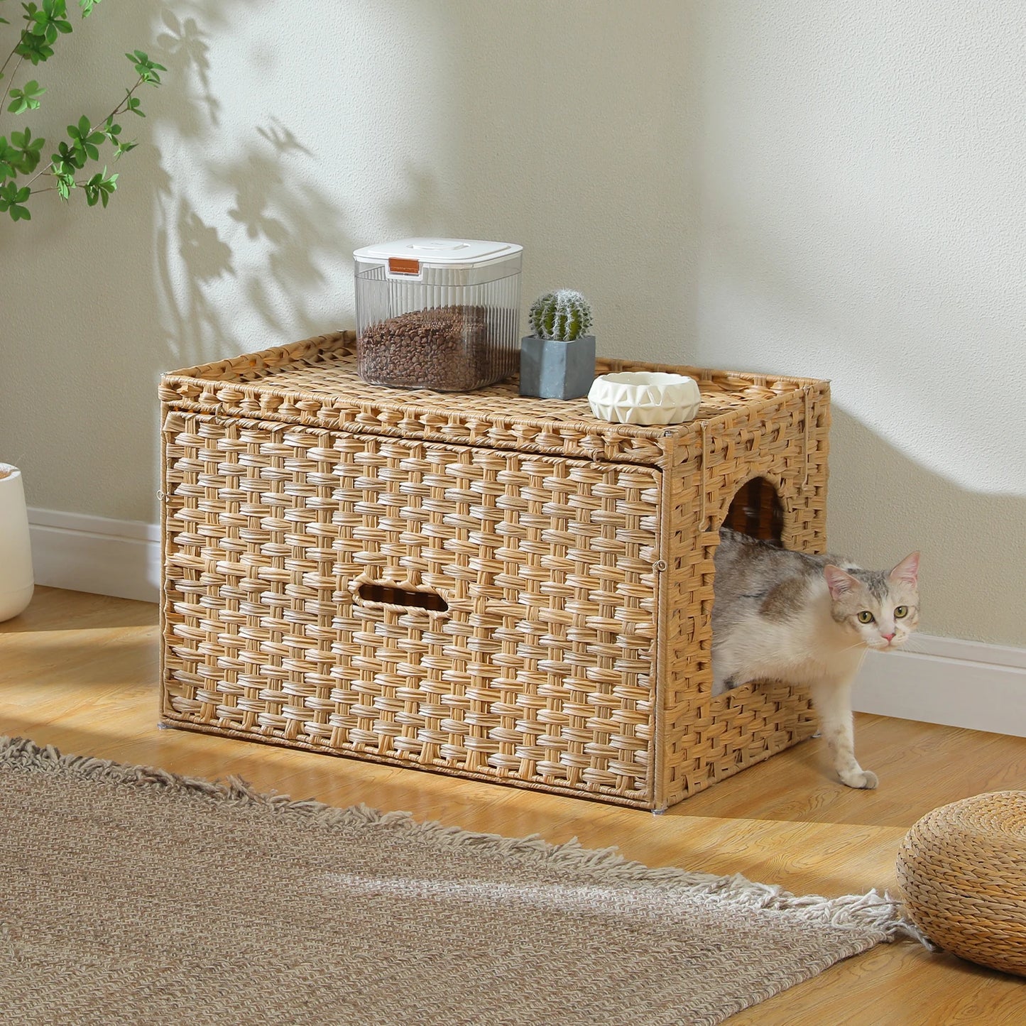 Rattan Cat Litter Box Enclosure With Taller Doorway And Flip Up Design