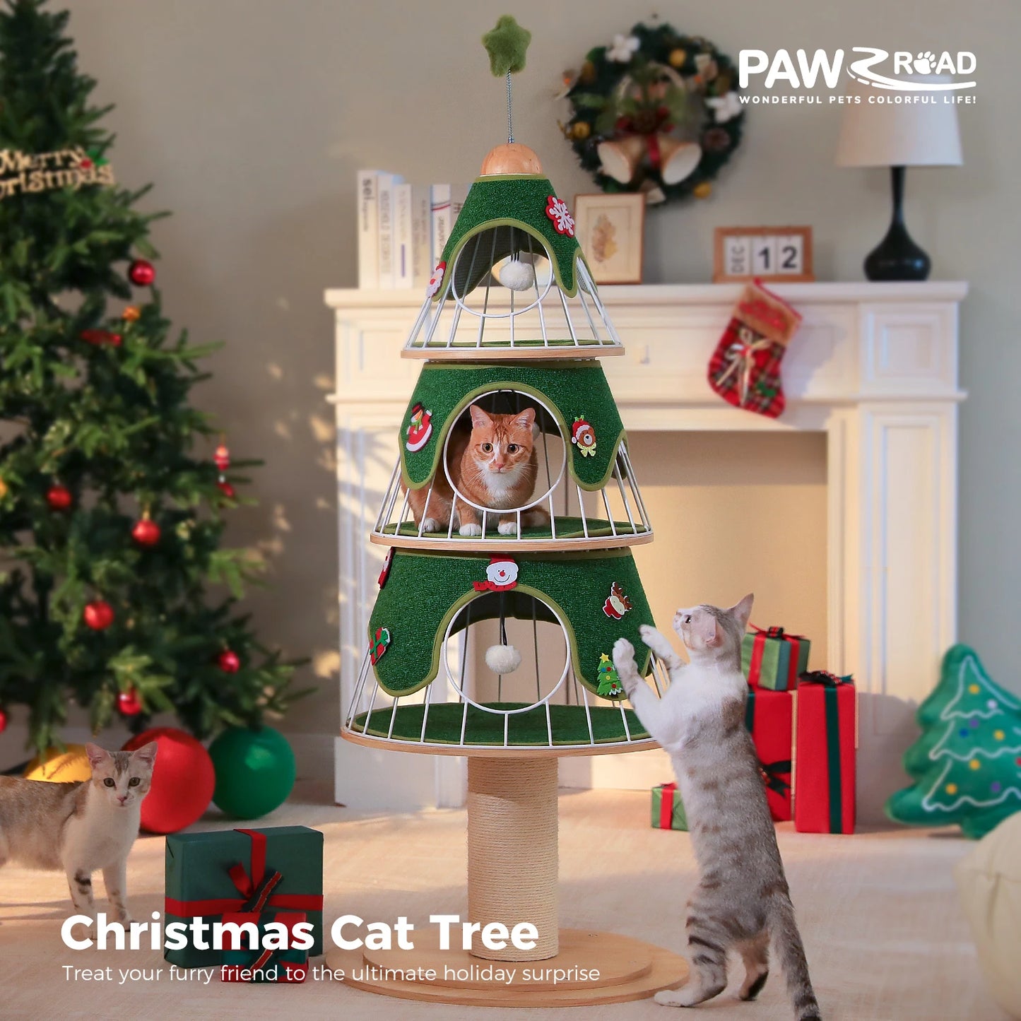 PAWZ Road Christmas Multi Level Cat Tree Tower With 3 Cozy Condos And Pompoms