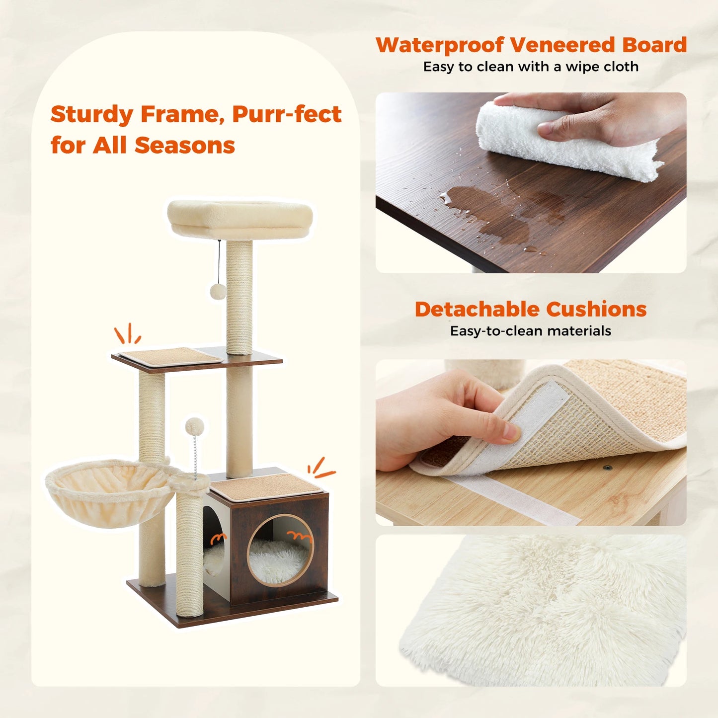 Modern Wood Cat Tree Tower For Indoor Cats With Condo Hammock Scratching Posts