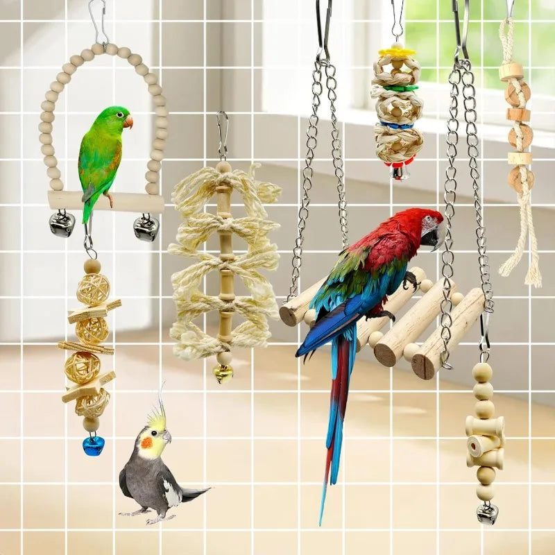 Wooden Bird Swing Chew Toy With Bell Perch For Small Parakeets Cockatiels