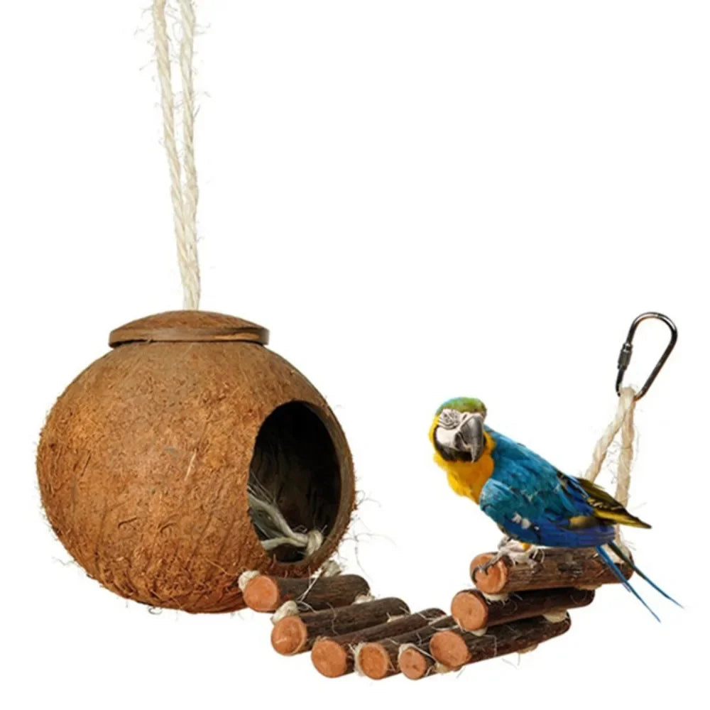 Natural Coconut Shell Bird Nesting House For Small Birds With Ladder
