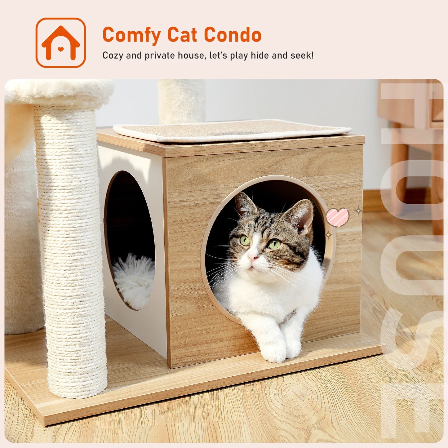 Modern Wood Cat Tree Tower For Indoor Cats With Condo Hammock Scratching Posts