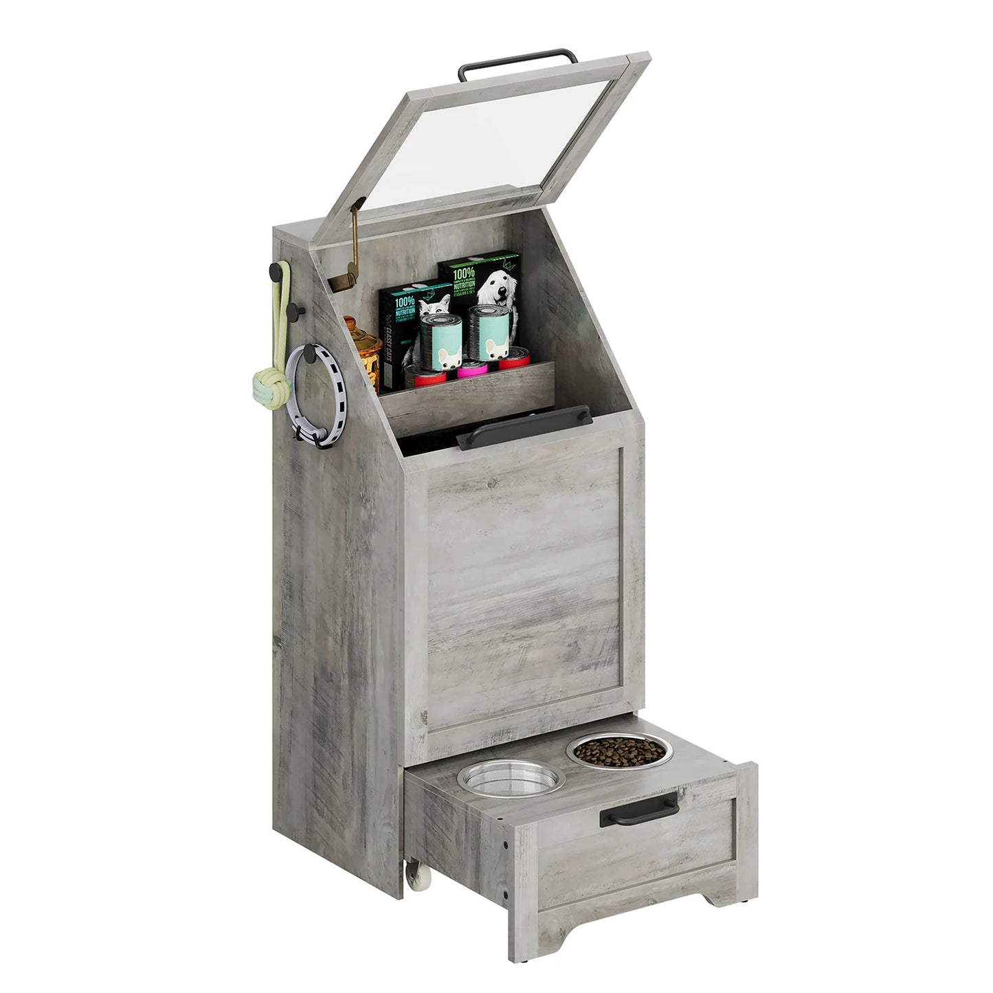 Elevated Dog Feeding Station With Dual Bowls Flip Top Cabinet And Toy Organizer