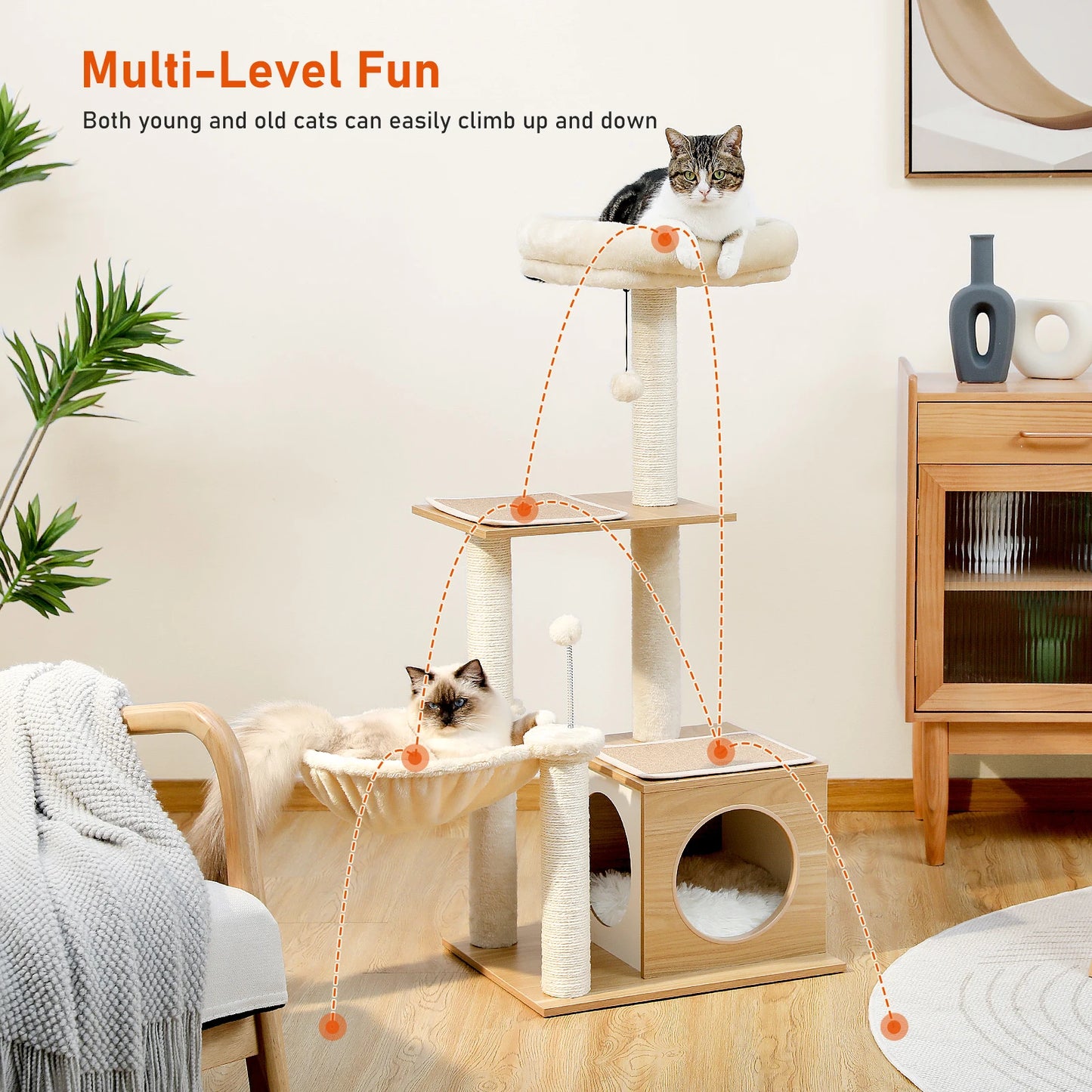 Modern Wood Cat Tree Tower For Indoor Cats With Condo Hammock Scratching Posts