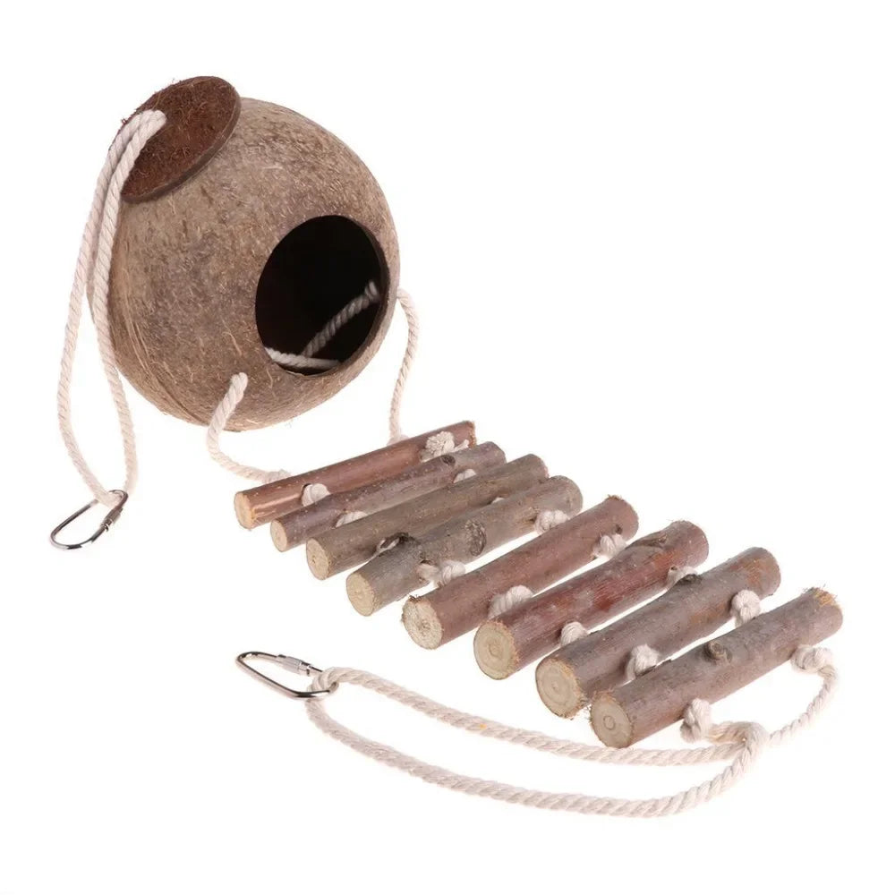 Natural Coconut Shell Bird Nesting House For Small Birds With Ladder