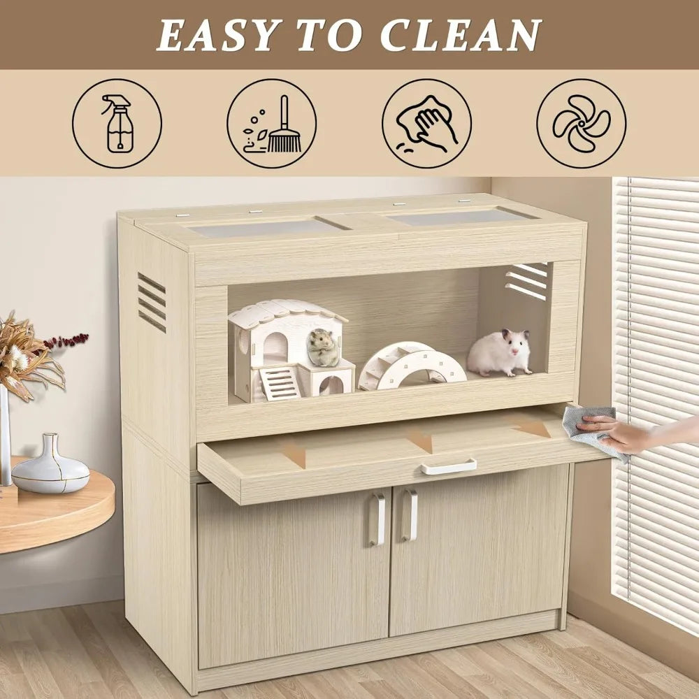 Hamster Cage With Independent Storage Cabinet, Wooden Enclosure for Guinea Pigs, Rats, Hedgehogs - Acrylic Windows, Teak