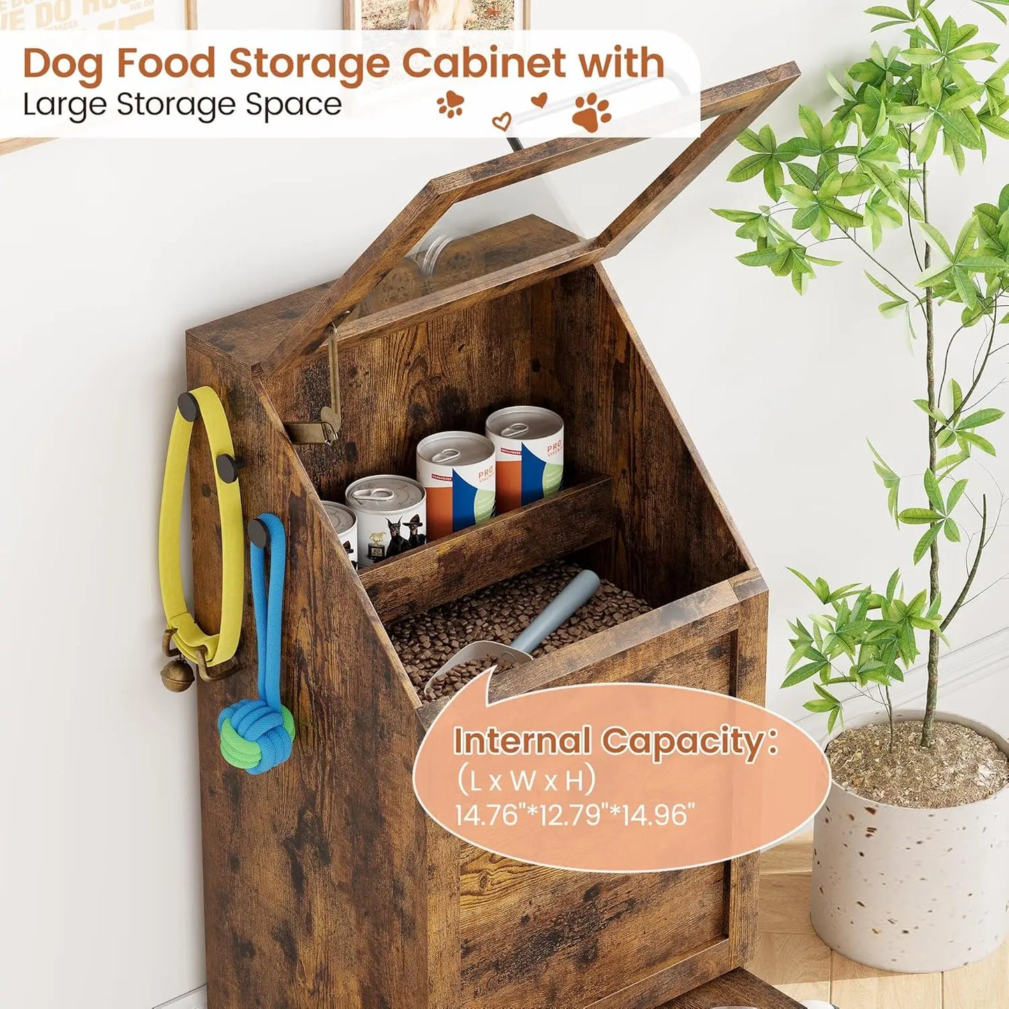 Elevated Dog Feeding Station With Dual Bowls Flip Top Cabinet And Toy Organizer