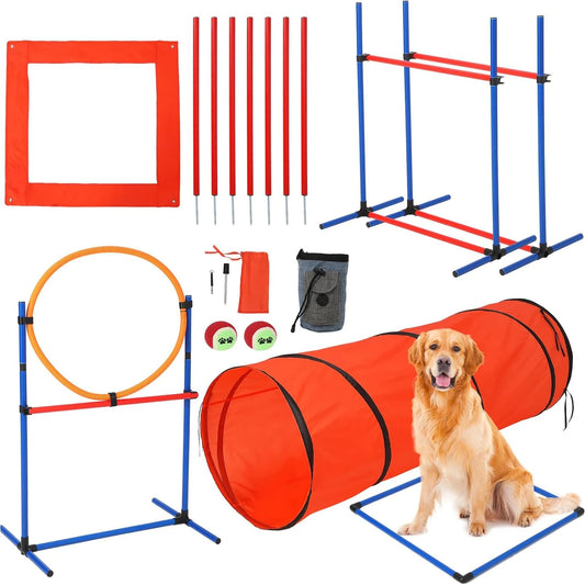 87 Piece Dog Agility Training Equipment Set with Tunnel Hurdles and Weave Poles