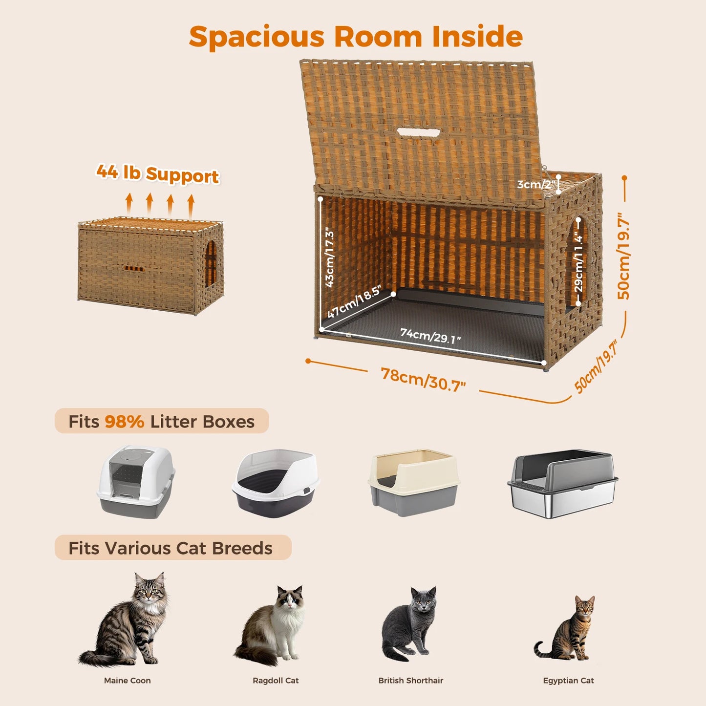 Rattan Cat Litter Box Enclosure With Taller Doorway And Flip Up Design