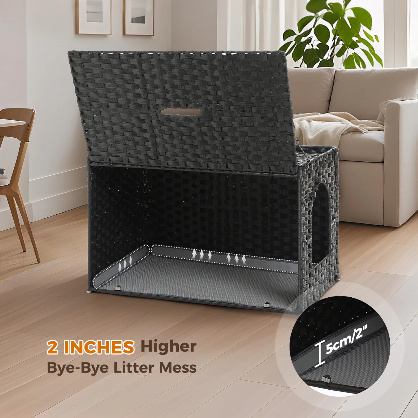 Rattan Cat Litter Box Enclosure With Taller Doorway And Flip Up Design