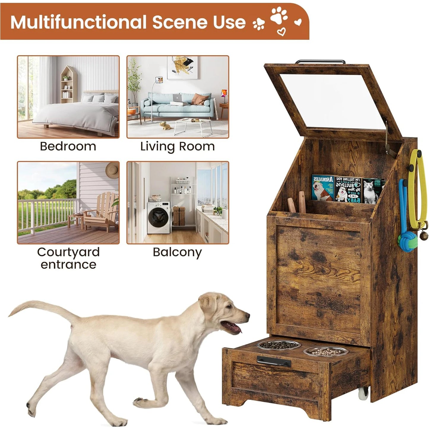 Elevated Dog Feeding Station With Dual Bowls Flip Top Cabinet And Toy Organizer