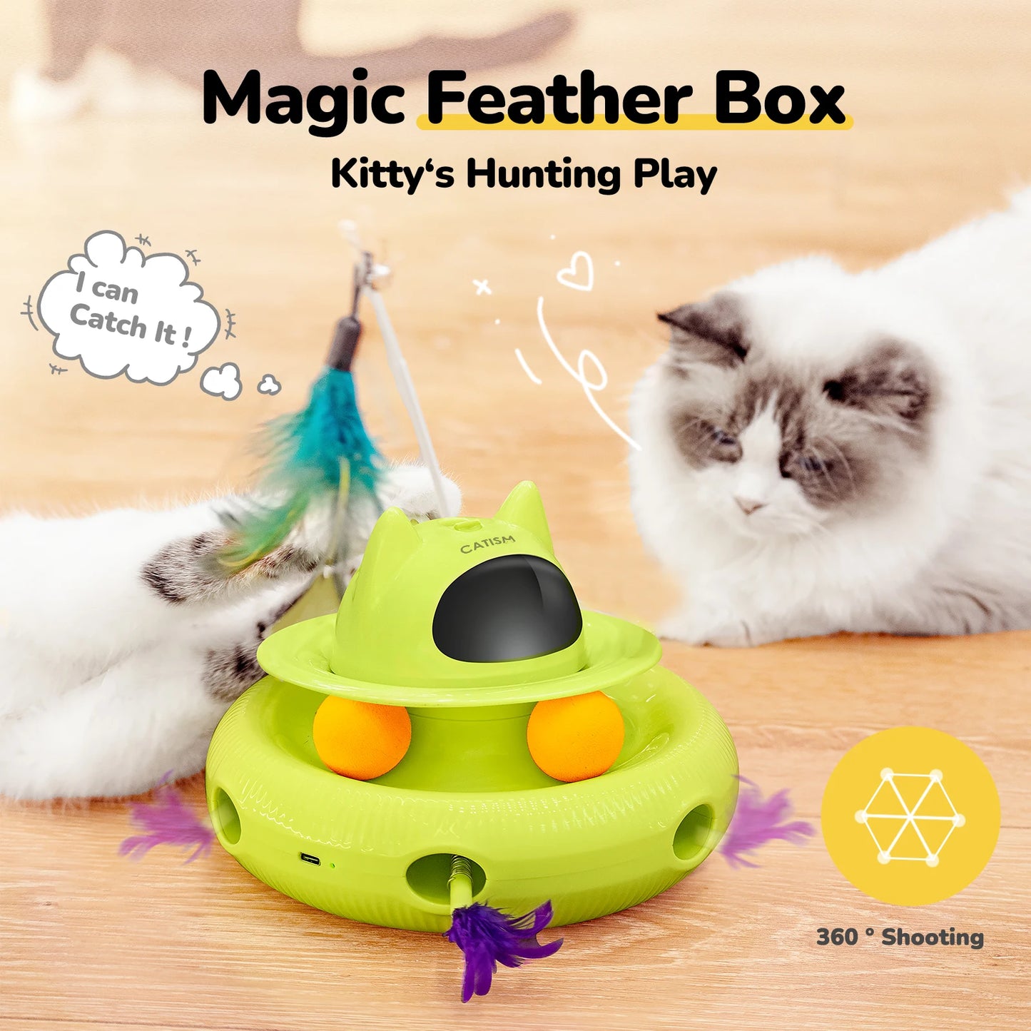 CATISM Upgraded Magic Box Cat Teaser Toy with Feather Butterfly and Blue Ball