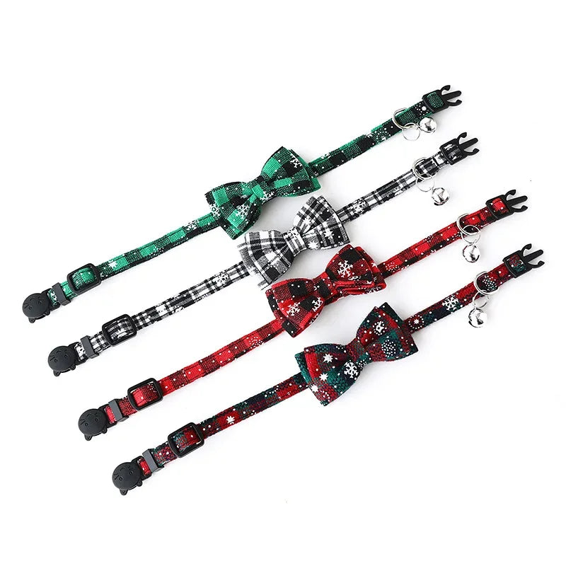 Christmas Bowknot Plaid Bell Collar for Cats and Small Dogs Adjustable Breakaway