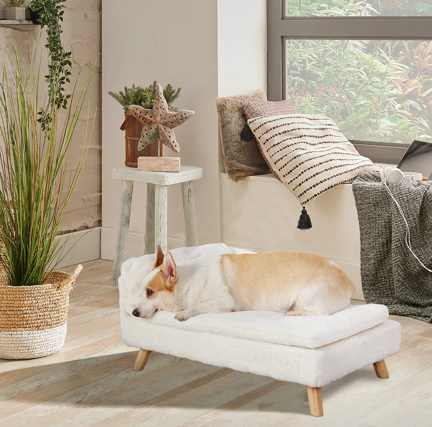Elevated Nordic Pet Bed With Waterproof Pad And Wooden Legs For Small Dogs