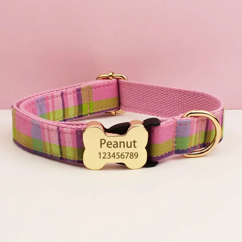 Custom Logo Plaid Dog Collar Personalized Cotton Padded Comfort