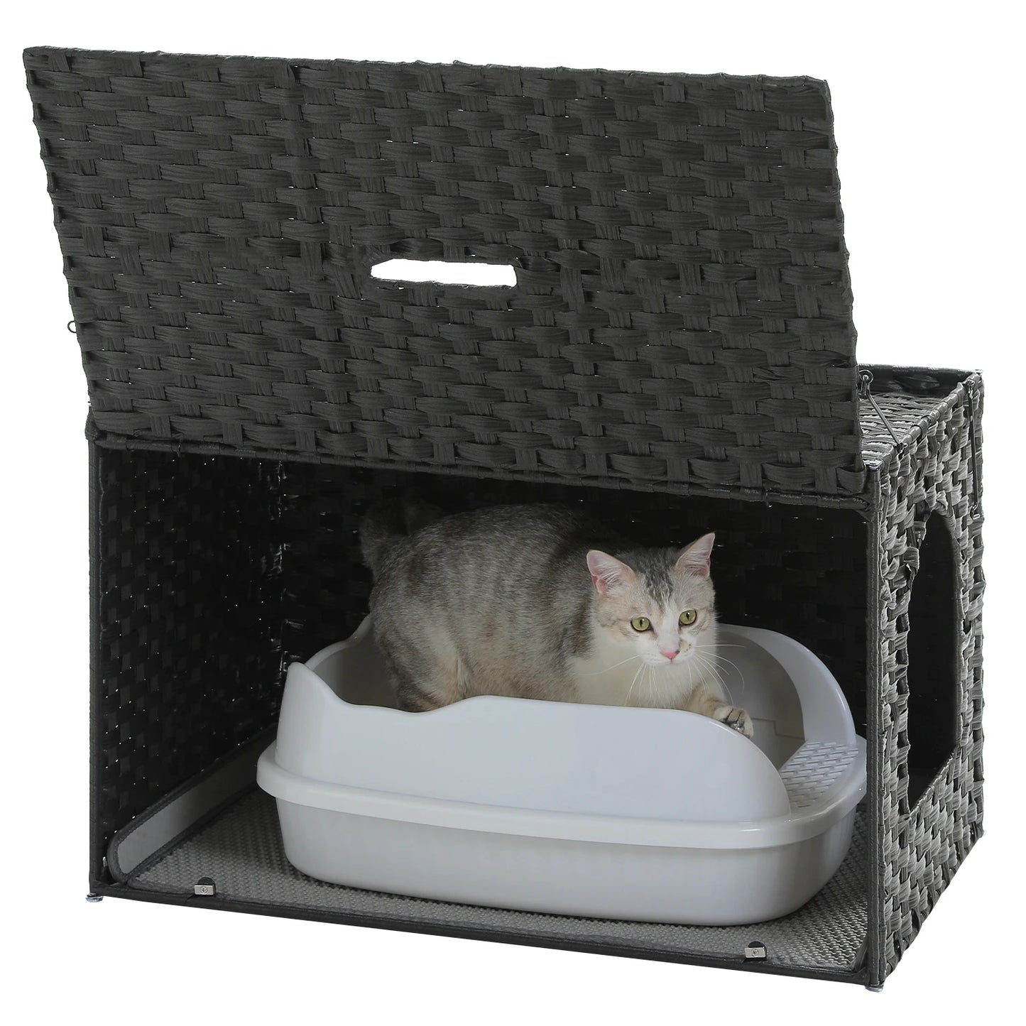 Rattan Cat Litter Box Enclosure With Taller Doorway And Flip Up Design