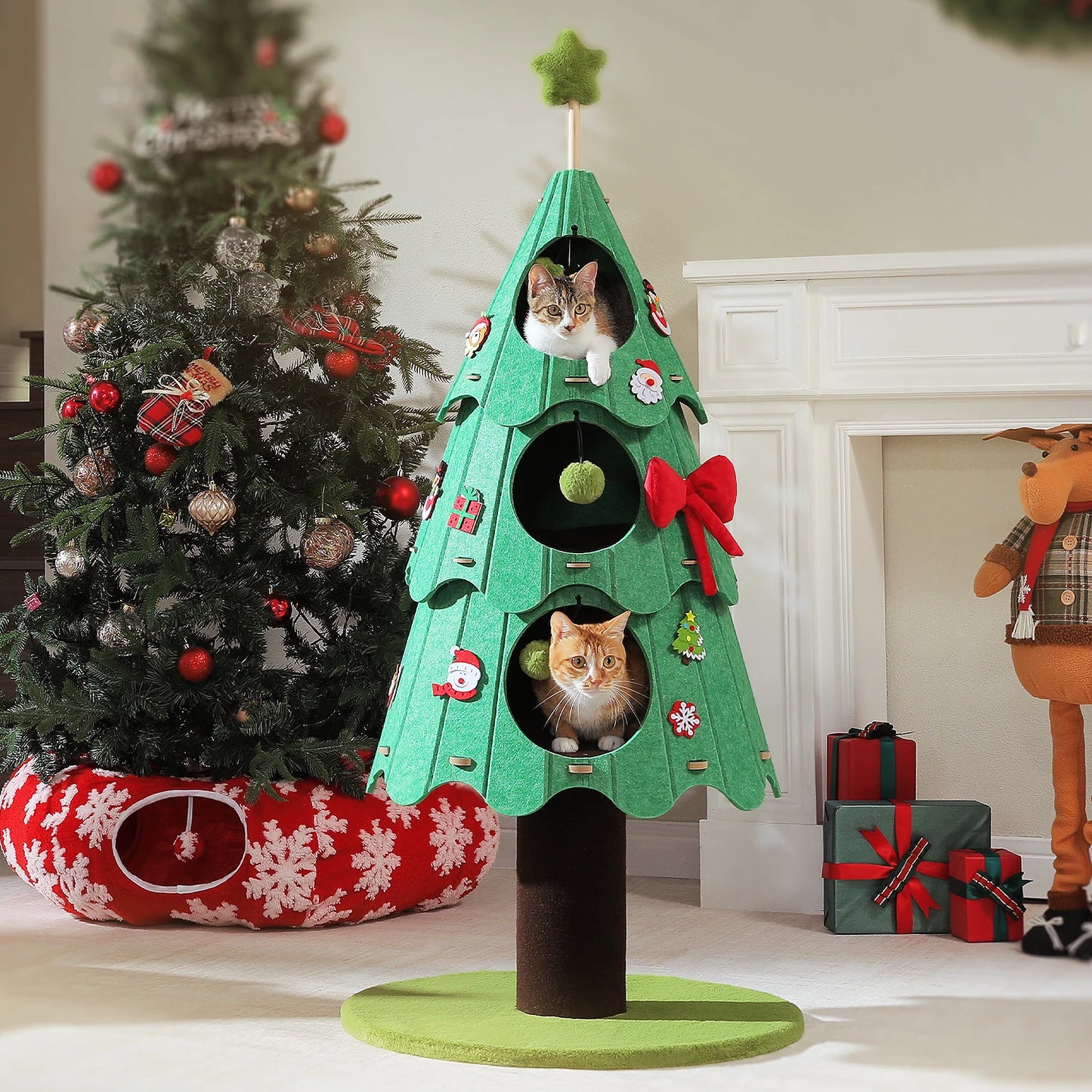 PAWZ Road Christmas Multi Level Cat Tree Tower With 3 Cozy Condos And Pompoms