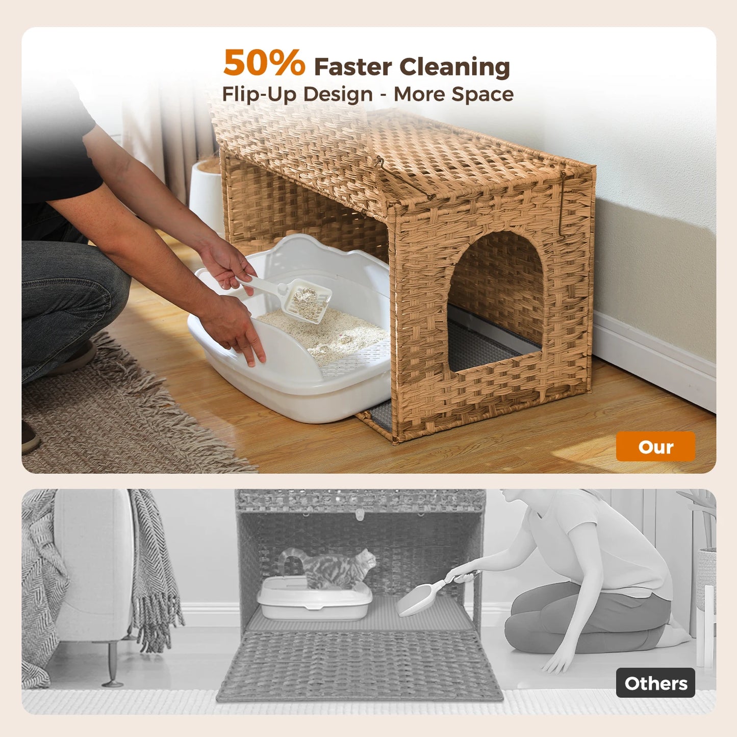 Rattan Cat Litter Box Enclosure With Taller Doorway And Flip Up Design