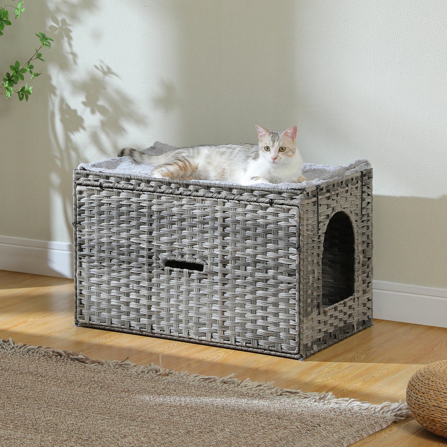 Rattan Cat Litter Box Enclosure With Taller Doorway And Flip Up Design