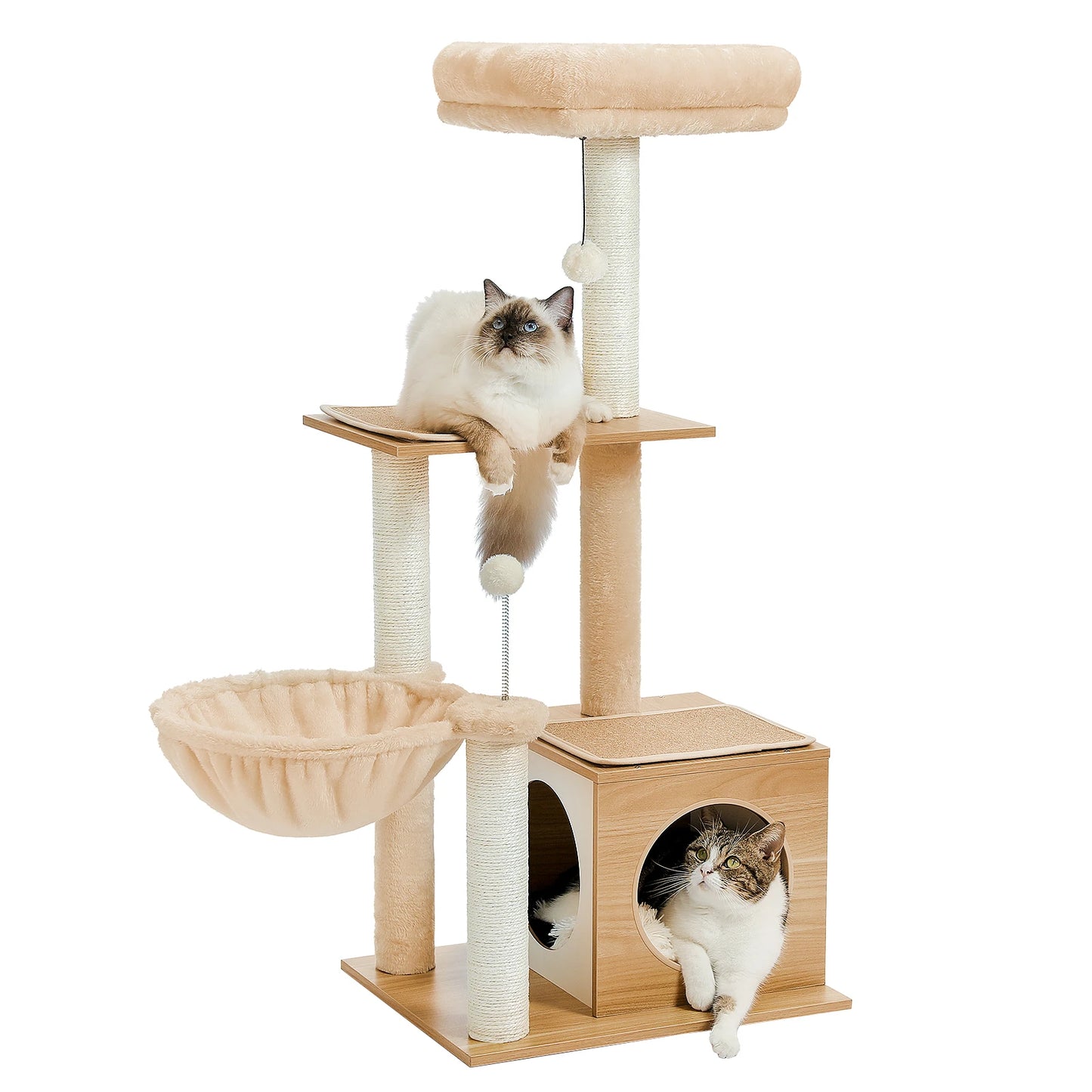 Modern Wood Cat Tree Tower For Indoor Cats With Condo Hammock Scratching Posts