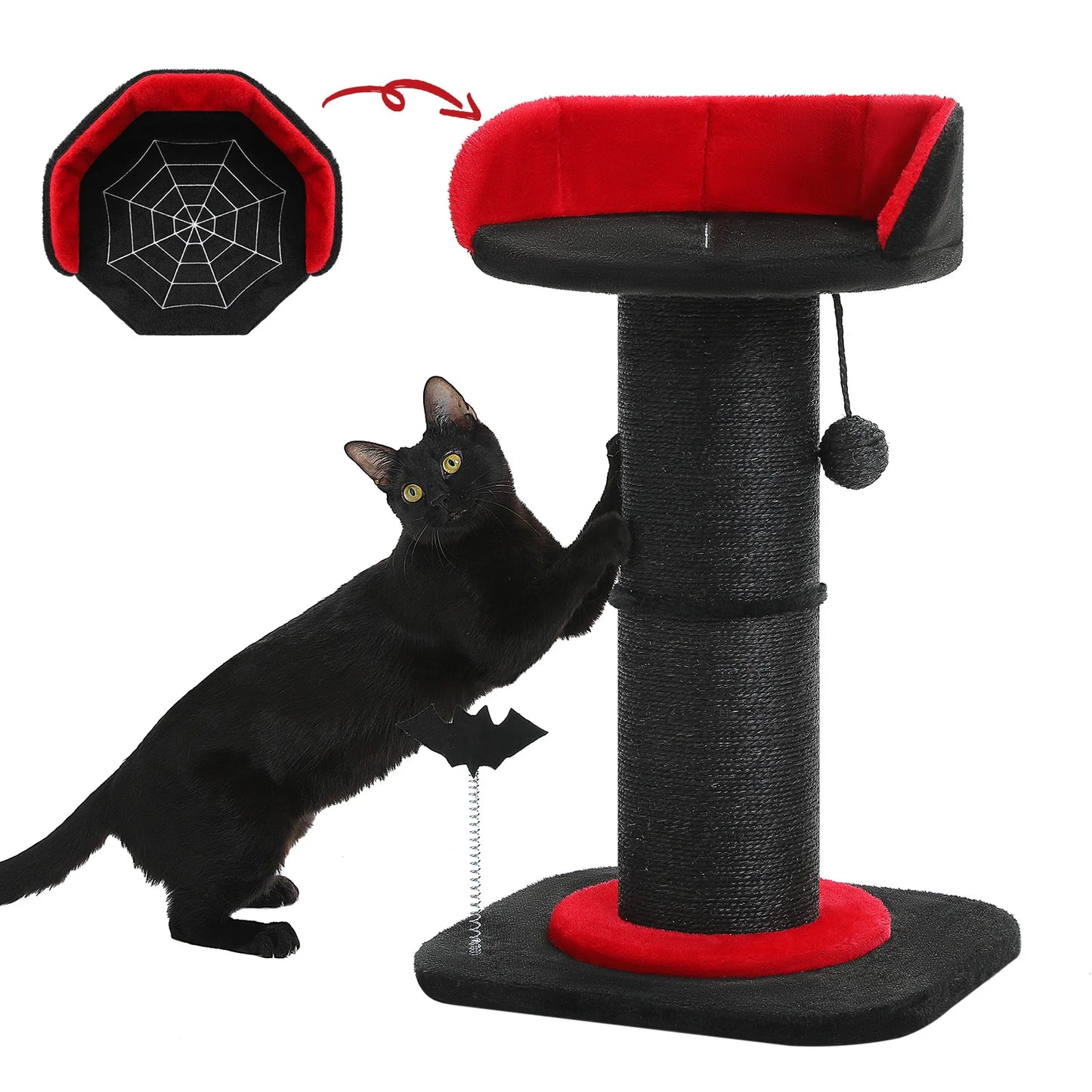 Stable Black Gothic Cat Scratching Post With Thick Post And Spiderweb Bed
