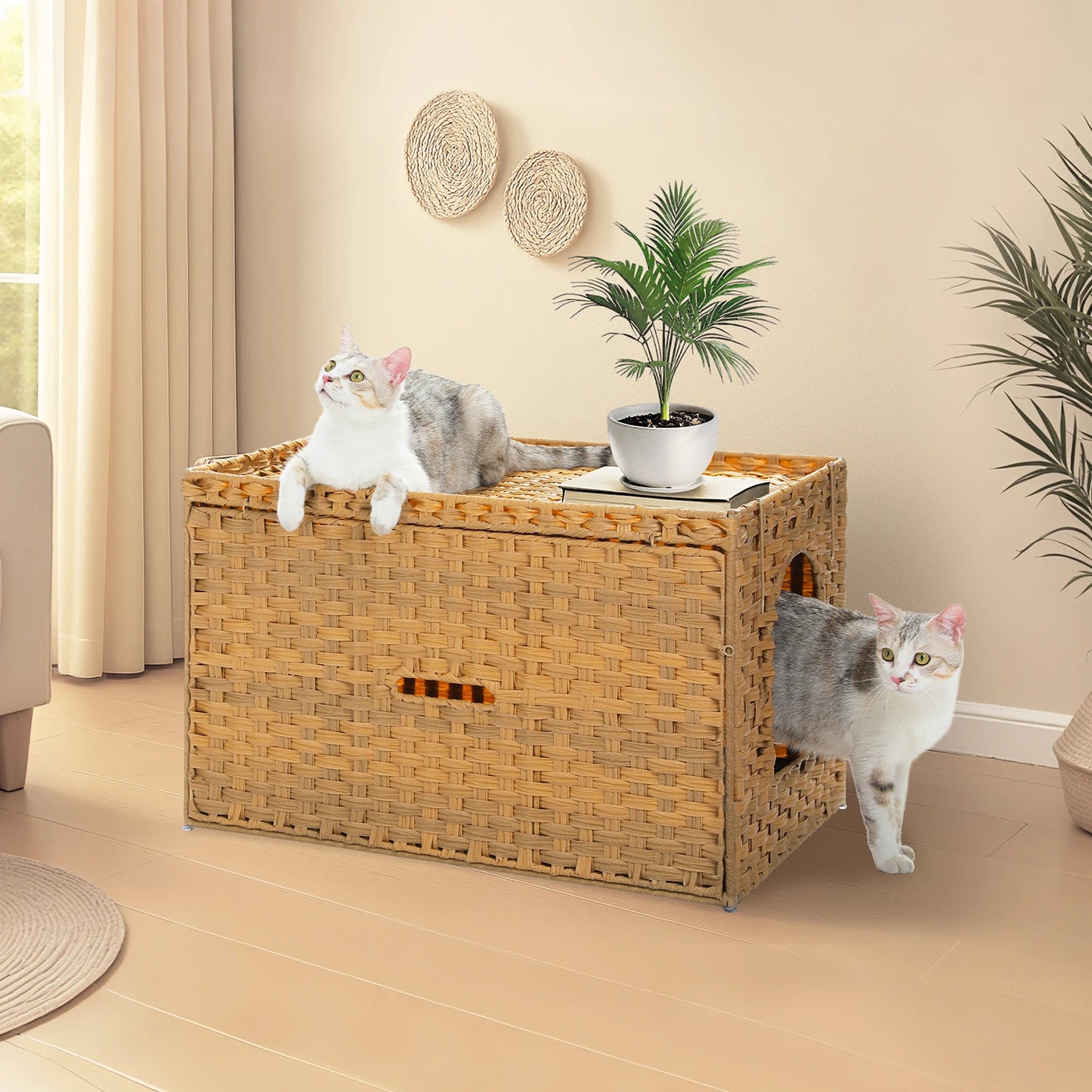 Rattan Cat Litter Box Enclosure With Taller Doorway And Flip Up Design