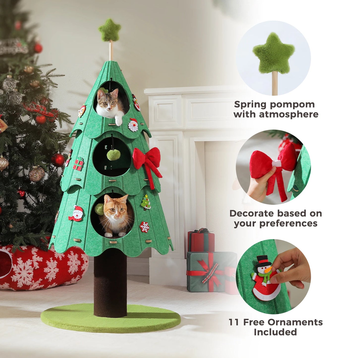 PAWZ Road Christmas Multi Level Cat Tree Tower With 3 Cozy Condos And Pompoms