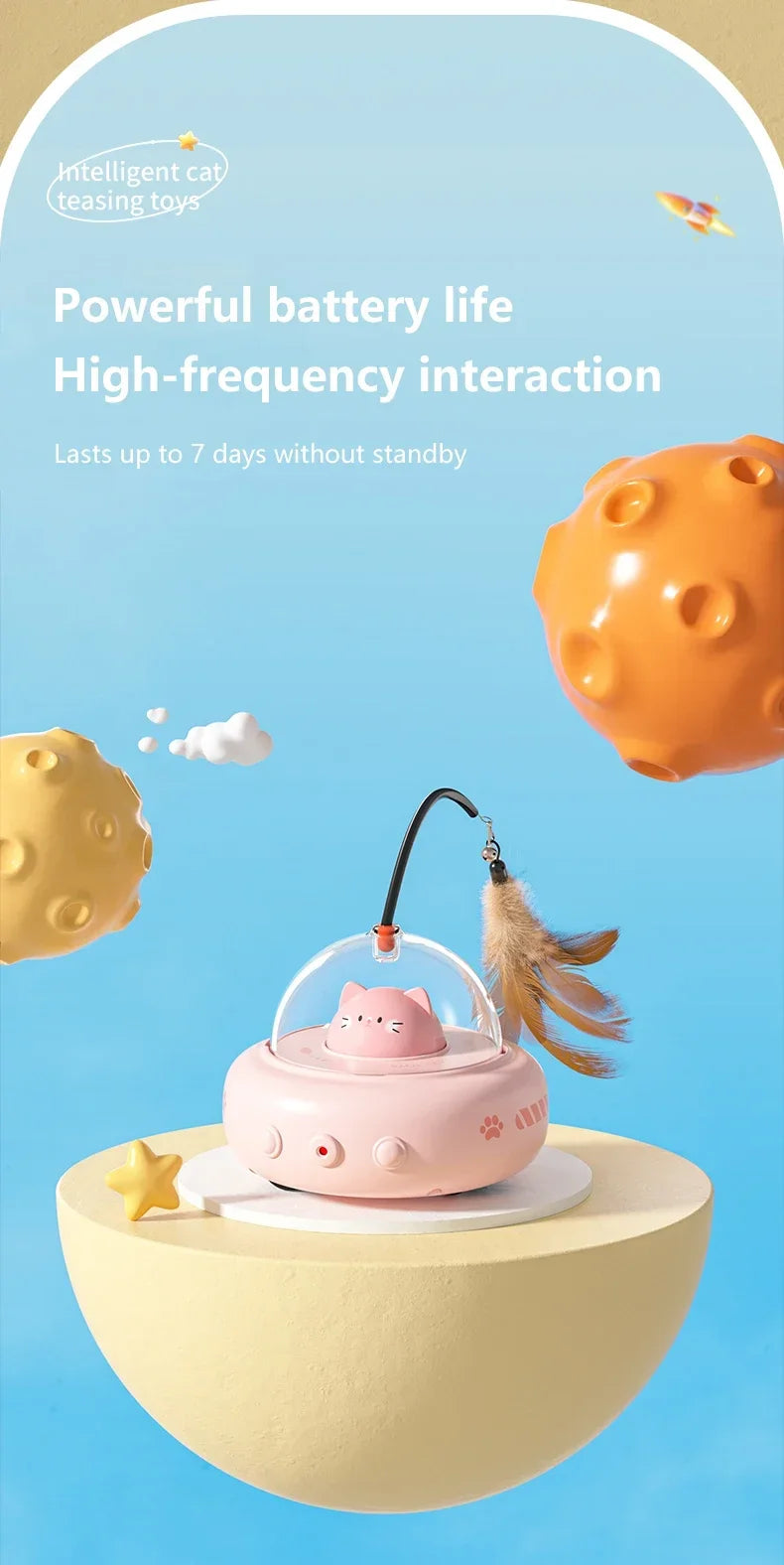 Electric UFO Cat Teaser Wand With Bell And Replaceable Feather