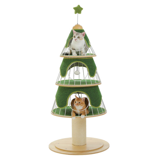 PAWZ Road Christmas Multi Level Cat Tree Tower With 3 Cozy Condos And Pompoms