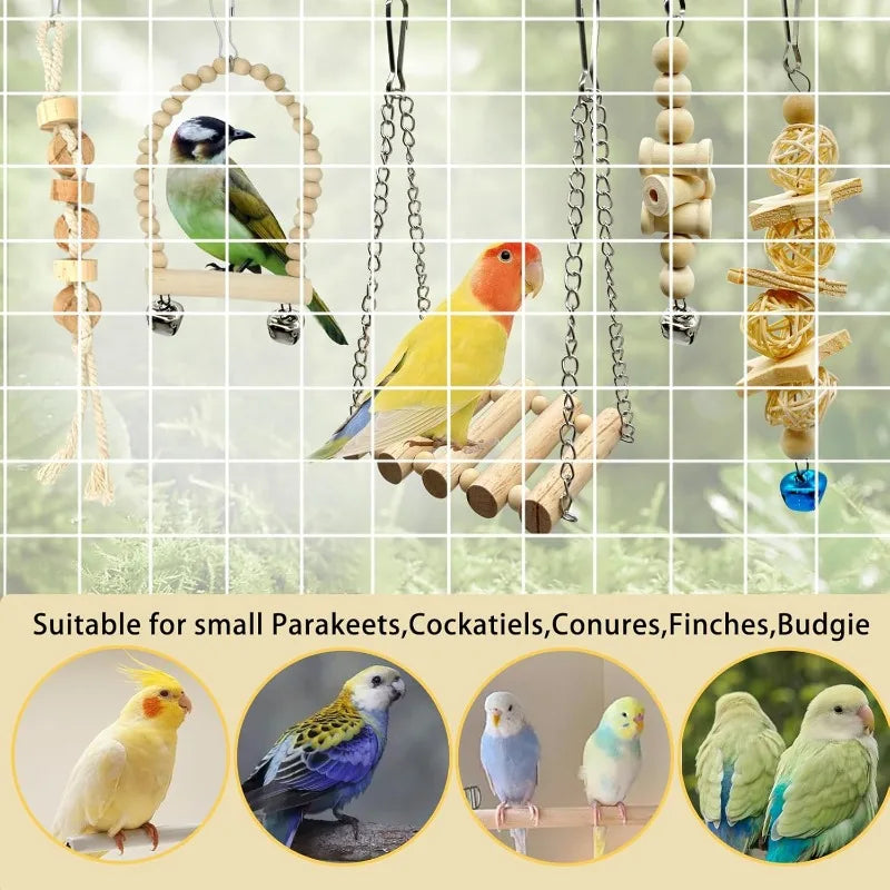 Wooden Bird Swing Chew Toy With Bell Perch For Small Parakeets Cockatiels