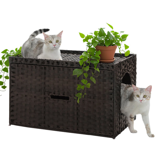 Rattan Cat Litter Box Enclosure With Taller Doorway And Flip Up Design