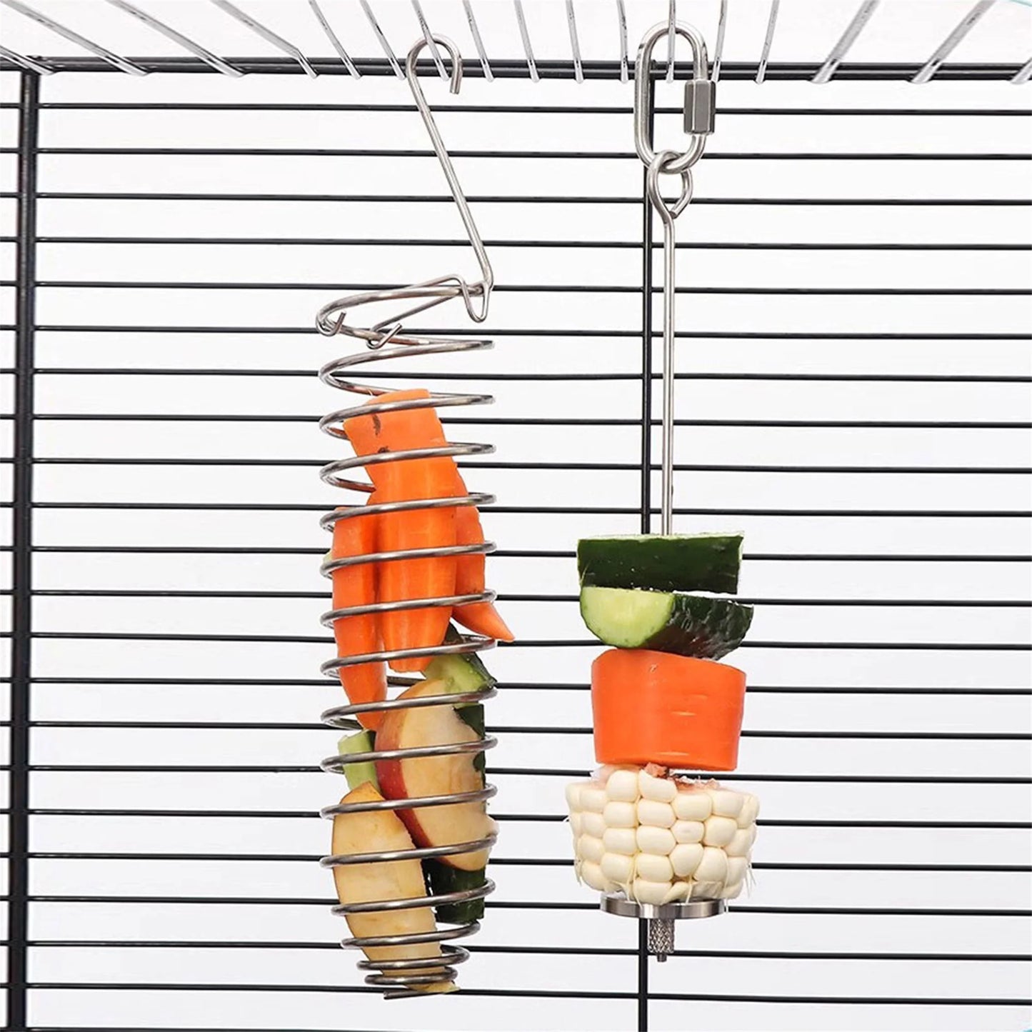 Stainless Steel Bird Feeder Hanging Parrot Fruit Treat Skewer Foraging Toy