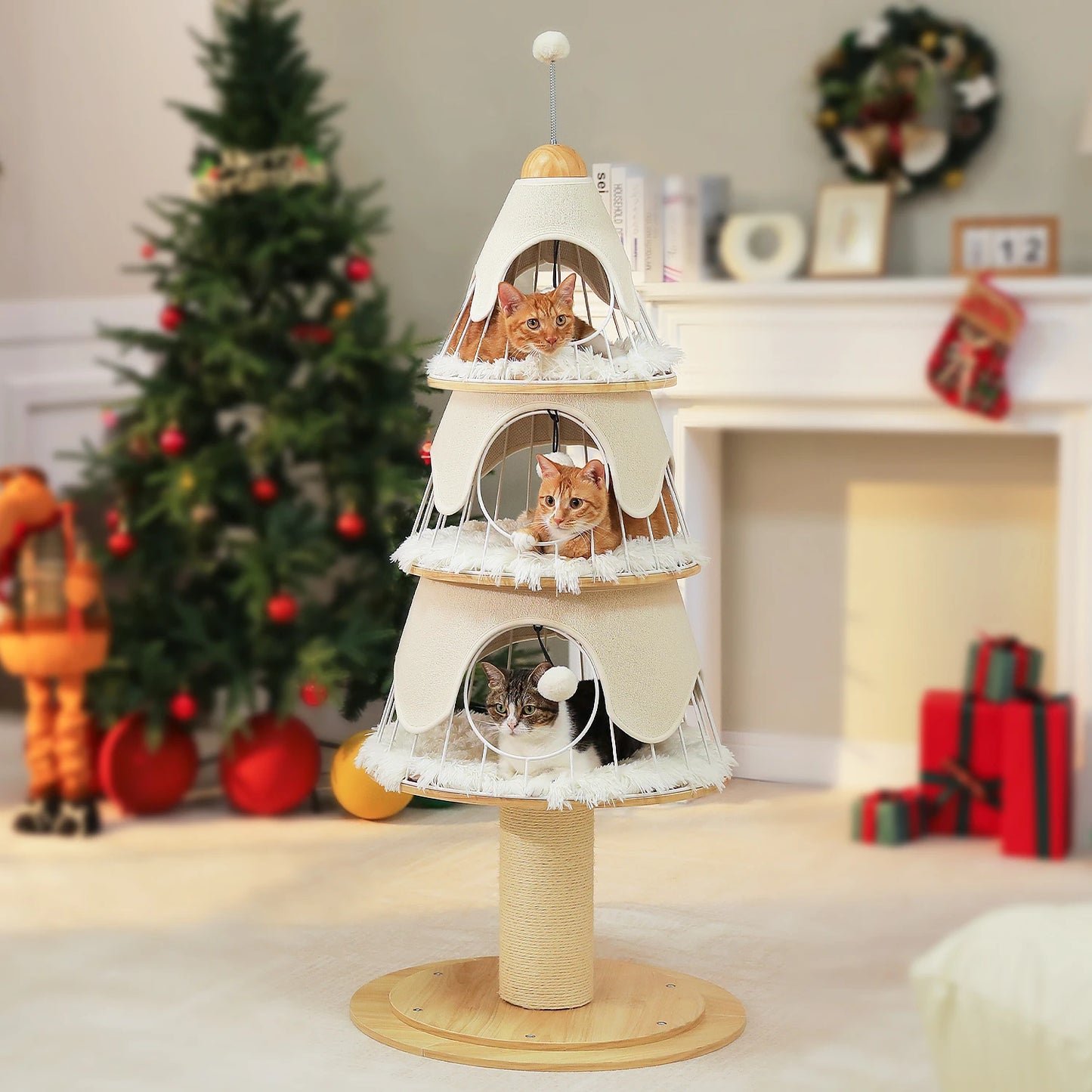 PAWZ Road Christmas Multi Level Cat Tree Tower With 3 Cozy Condos And Pompoms