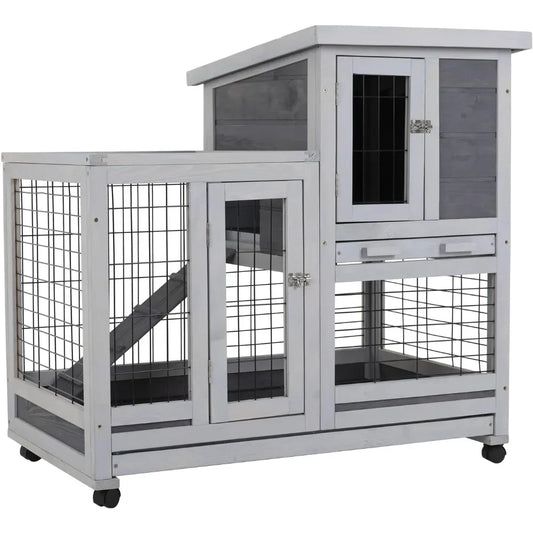 Wooden Rabbit Hutch Indoor Outdoor 37 Inch Cage with Wheels for Easy Mobility