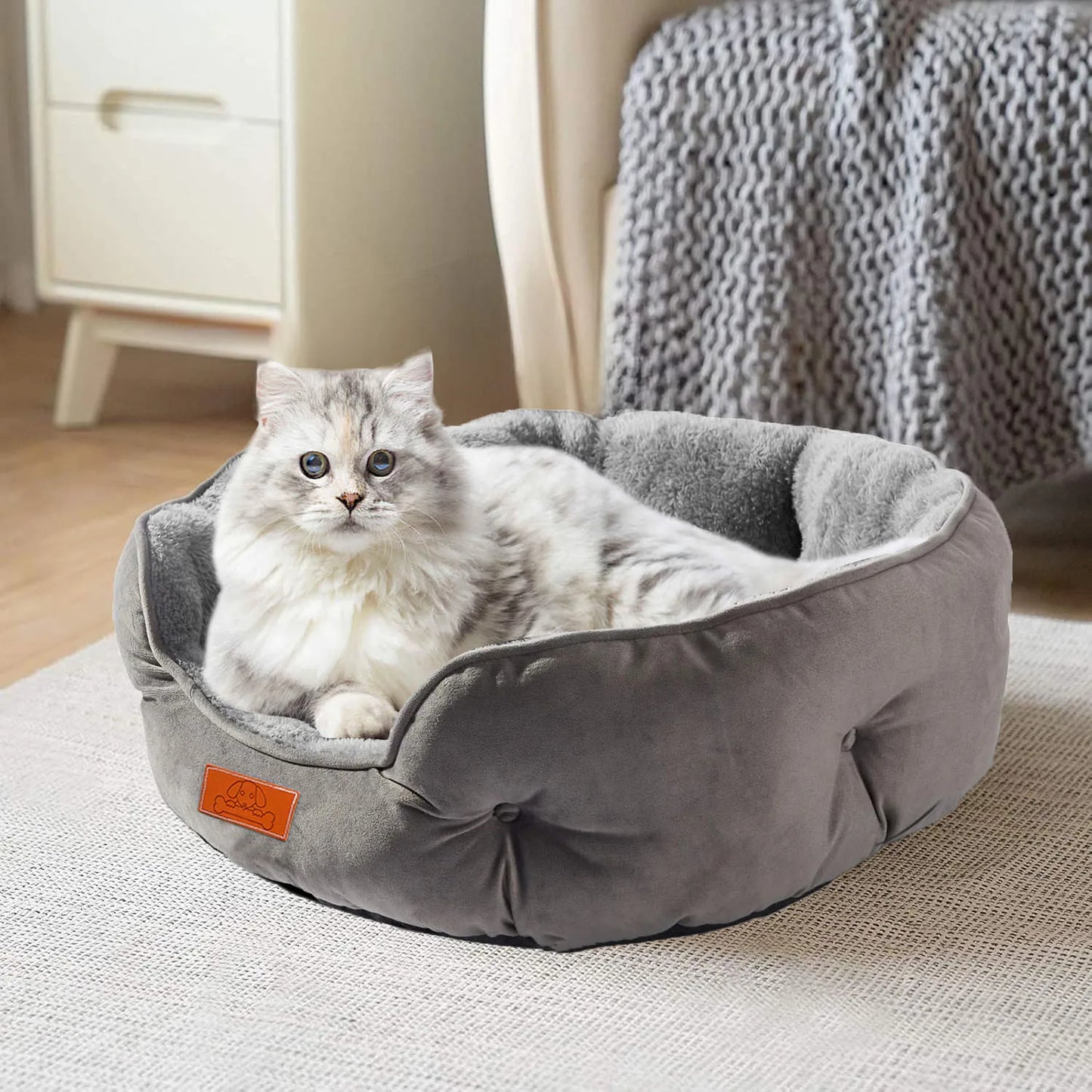 Grey Pet Bed 50 CM Washable Non Slip Base Water Resistant For All Pets