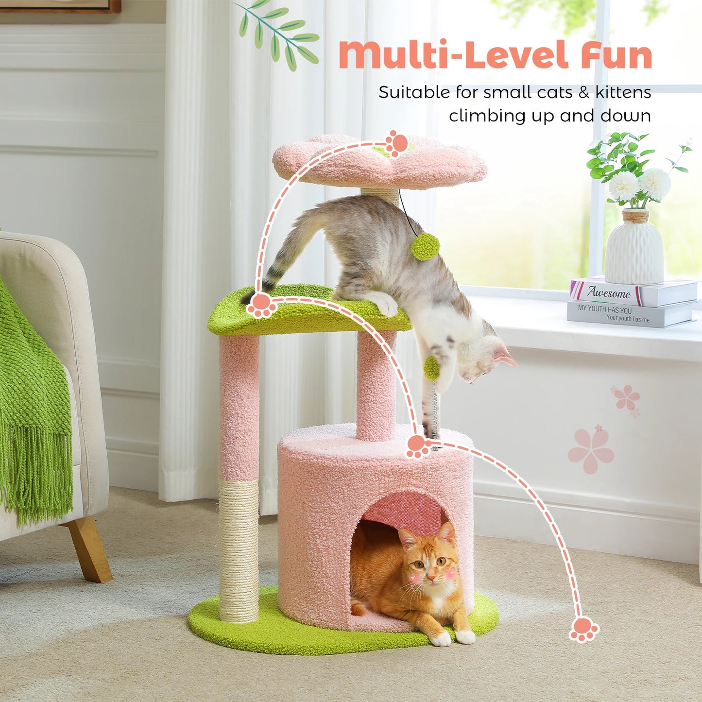 Flower Cat Tree For Indoor Cats With Sisal Scratching Post Plush Perches